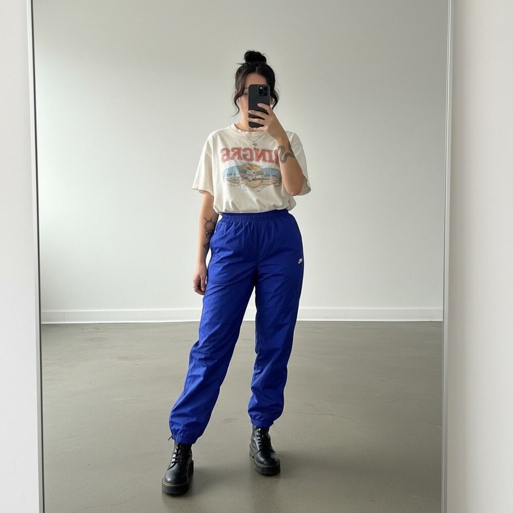 90s Style Nike Royal Purple Nylon Track Pants Lightweight Drawstring Tapered
